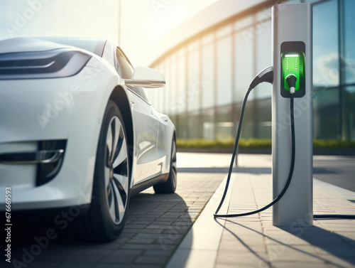 detailed photo of electric charging with an electric car in the afternoon