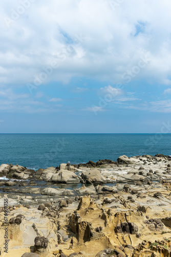 The landscape of the coastal rock at Heping Island Park in Keelung City, Taiwan, Sky and sea horizon.