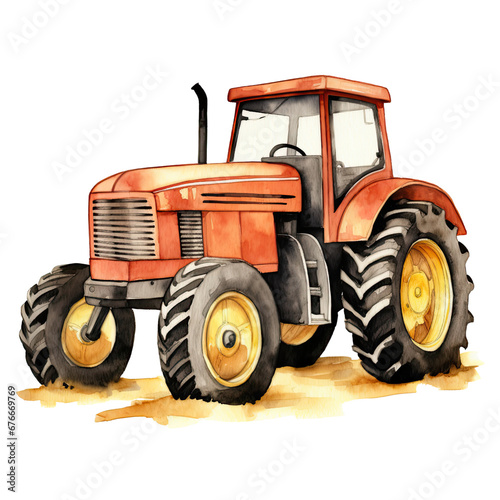 Watercolor Tractor Clipart Illustration. Isolated elements on a white background.