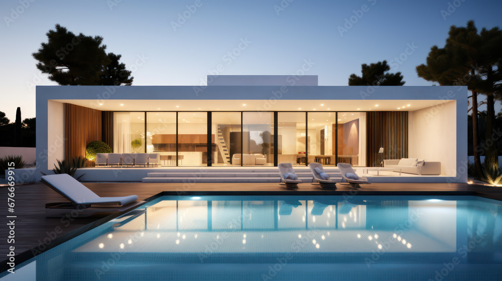 photo of an elegant villa at night with clean pool water