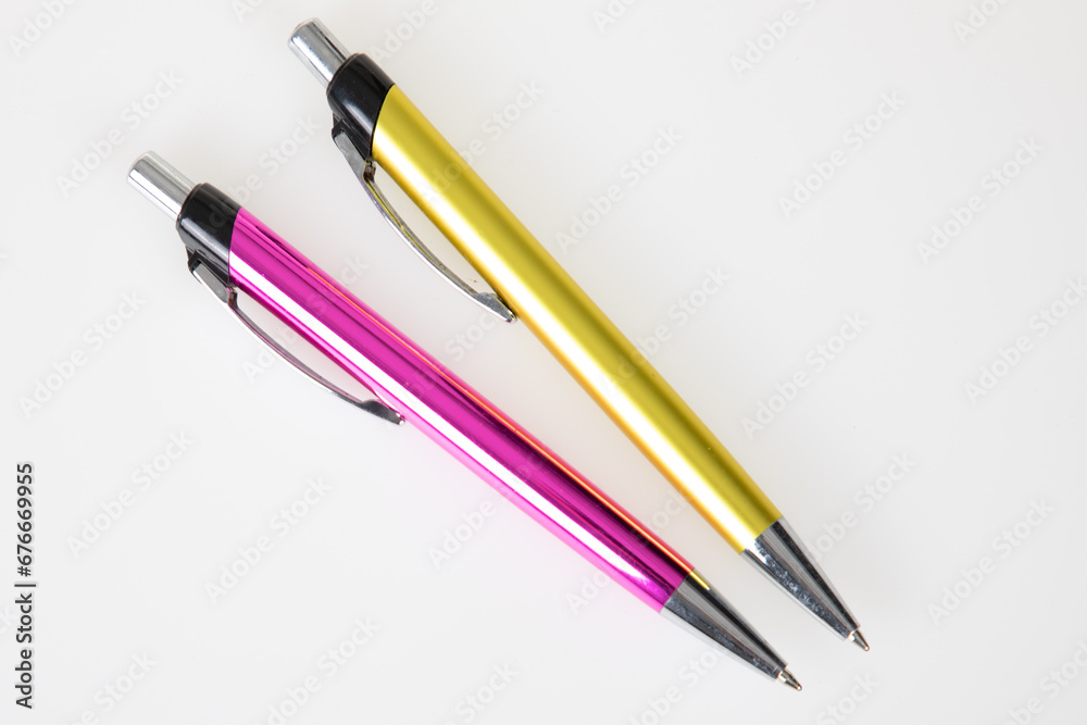 ballpoint pencil simple two ballpoint pens pink yellow colors on white background ballpoint pencil simple two ballpoint pens pink yellow colors on white background