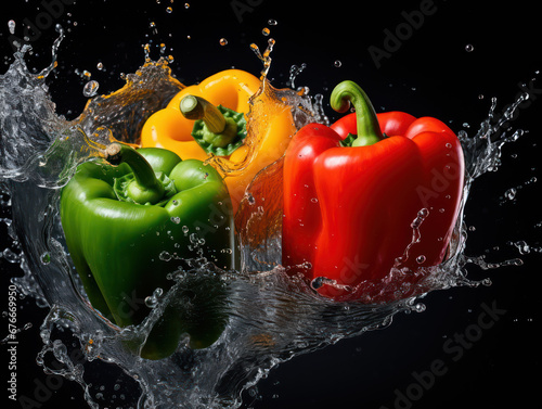 collection of fresh bell peppers with splashes of water on a black background