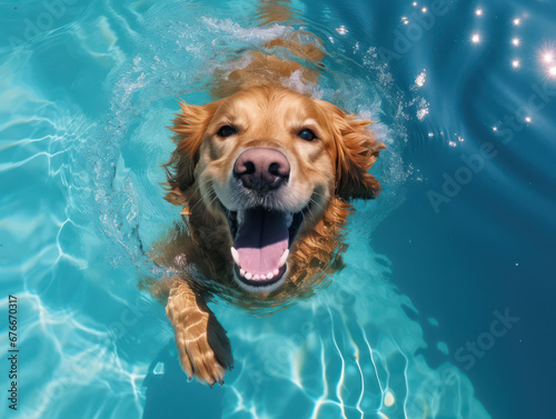 underwater portrait of a cute orange dog enjoying swimming