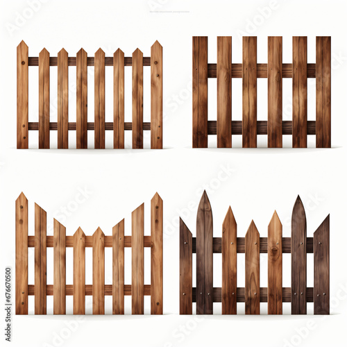 A collection of brown wooden fence isolated on a white background
