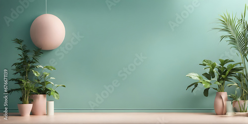 Fototapeta Naklejka Na Ścianę i Meble -  Modern minimalist interior on empty blue sky pastel color wall background. with a variety of green plants of deep forest style
