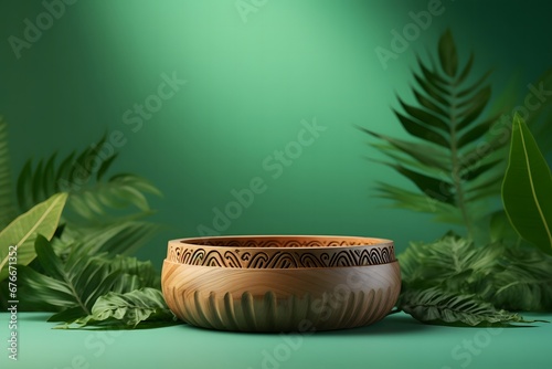 a wooden bowl on a green background with plants, in the style of octane render, lively tableaus  photo