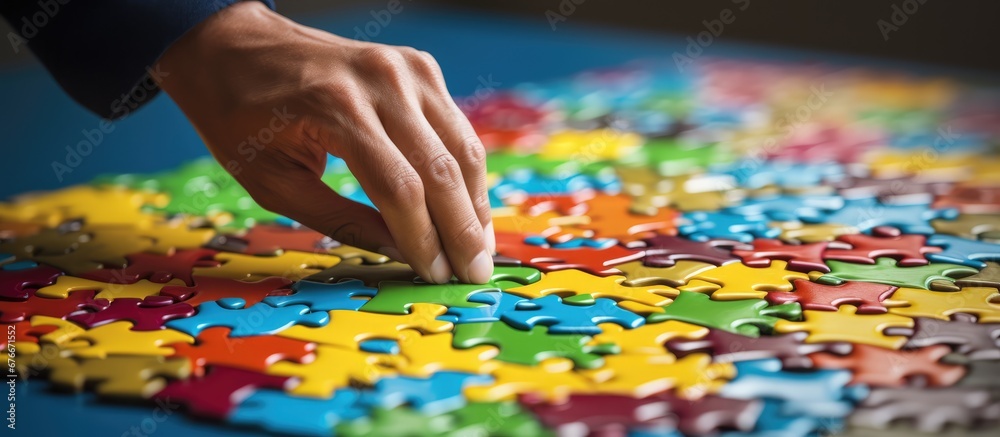 close up of hand with puzzle. Teamwork concept close up of hand with puzzle. Teamwork concept