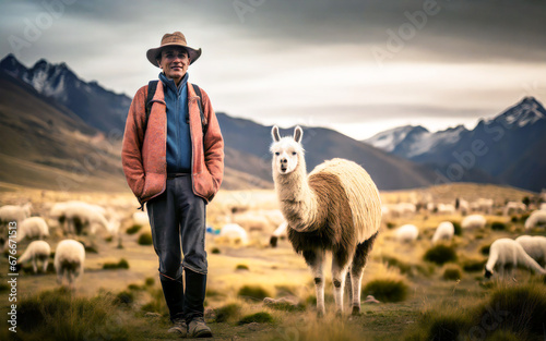 Portrait of a South American man with his llama, AI generated