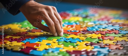 close up of hand with puzzle. Teamwork concept