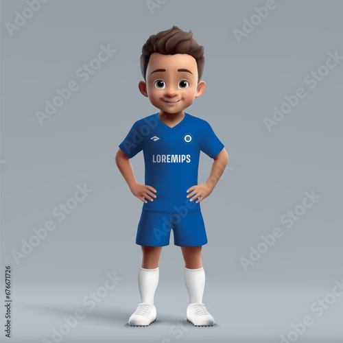 3d cartoon cute young soccer player in Chelsea football kit.