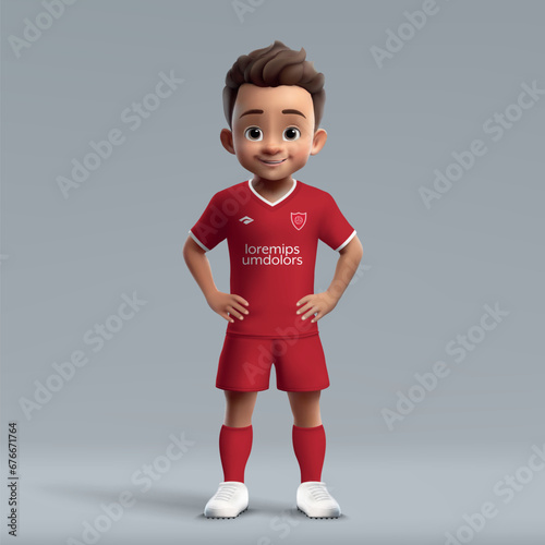 3d cartoon cute young soccer player in Liverpool football kit.