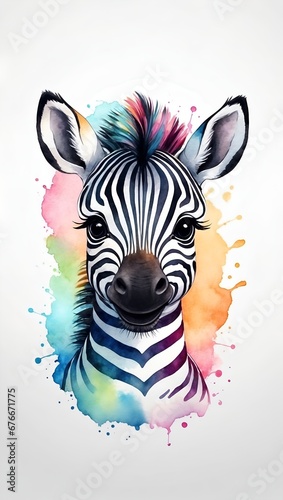 Colorful watercolor cute Zebra illustration on a white background