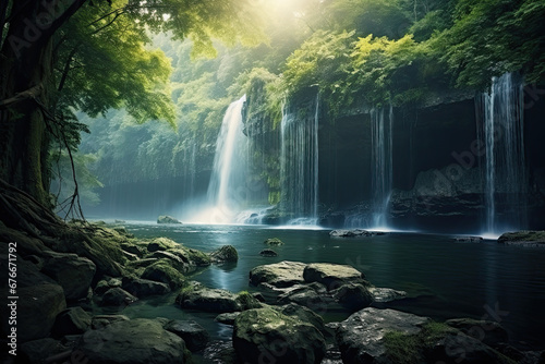 Beautiful waterfall landscape view for wallpaper  background and zoom meeting background