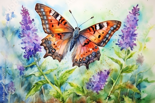 Orange monarch butterfly on lilac flowers. Watercolor. photo