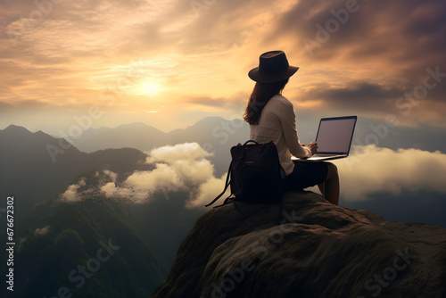 woman working remotely on laptop on mountain at sunset © sam