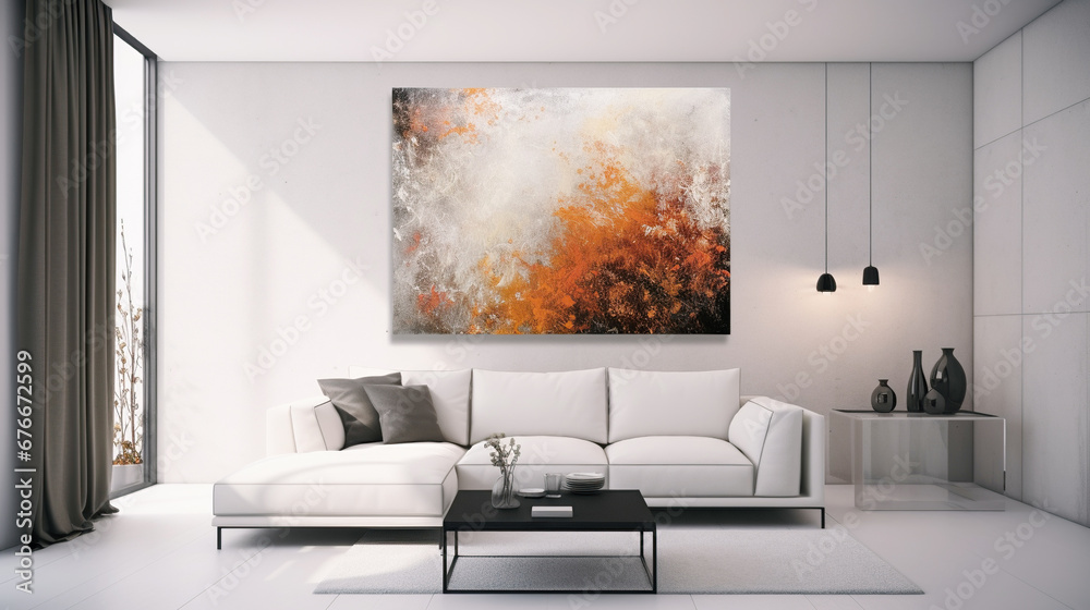 A soft light sofa and a large poster on white plastered wall. Interior design of modern living room with large window A soft light sofa and a large poster on white plastered wall. Interior design of modern living room with large window