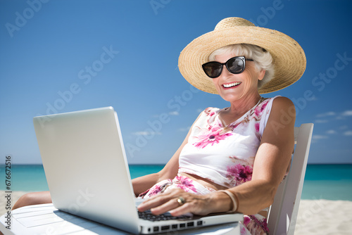 happy senior woman working remotely on laptop on summer vacation - nomadic remote work concept