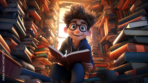 3D Cartoon Character Depict a Teenager in a Beautiful Cozy Library