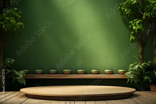 green wall with pots and trees on grass, wooden bowl in green garden background, in the style of rendered in cinema4d, tabletop photography, lively tableaus, exotic, minimalist stage designs, rim ligh photo