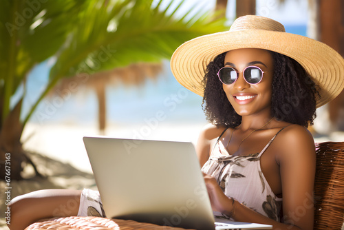 happy black woman working remotely on laptop on summer vacation - nomadic remote work concept