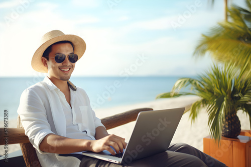 happy man working remotely on laptop on summer vacation - nomadic remote work concept