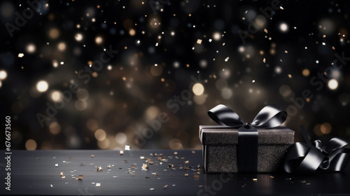 Luxury Glitter sparkles flickering particles bokeh effect with gift boxes and wood table. Elegant abstract design for invitation, greeting, banners, brochures, booklets, advertising. Generative AI photo