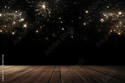Empty wooden table in front of fireworks background. Product display montage photo