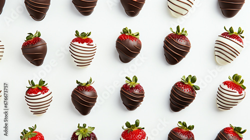 Strawberries in chocolate, pattern on a white background.