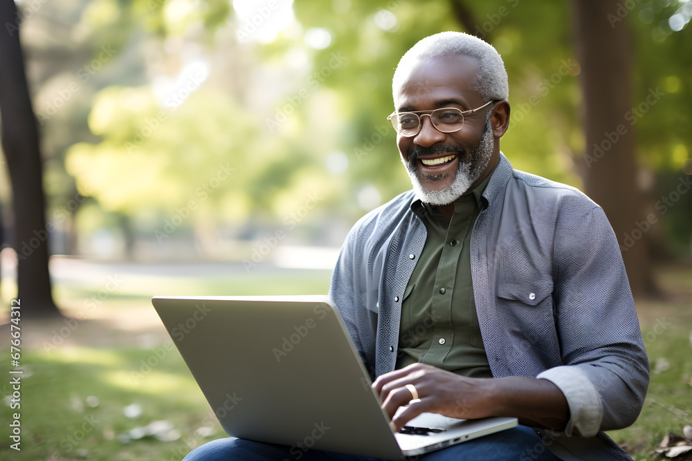 happy senior black man working remotely on laptop in park - remote nomadic work business lifestyle concept happy senior black man working remotely on laptop in park - remote nomadic work business lifestyle concept