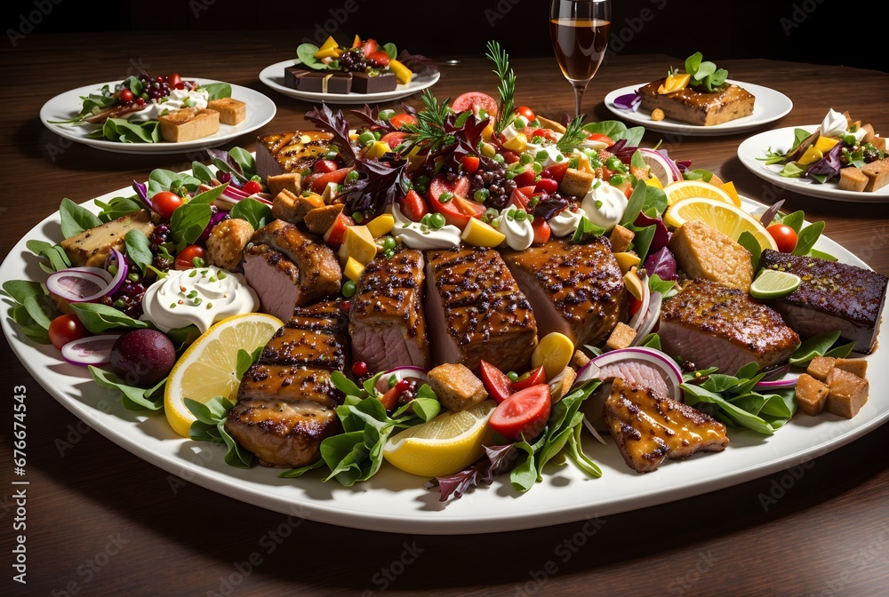 Food photo, table served with delicious diverse gourmet cuisine at finest restaurant