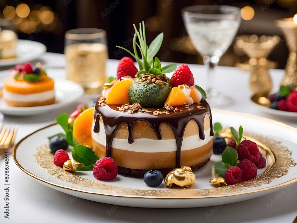 food photography, fresh fruit dessert, cheese cake with chocolate topping, fruit and berries served on plate in restaurant