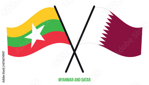 Myanmar and Qatar Flags Crossed And Waving Flat Style. Official Proportion. Correct Colors.
