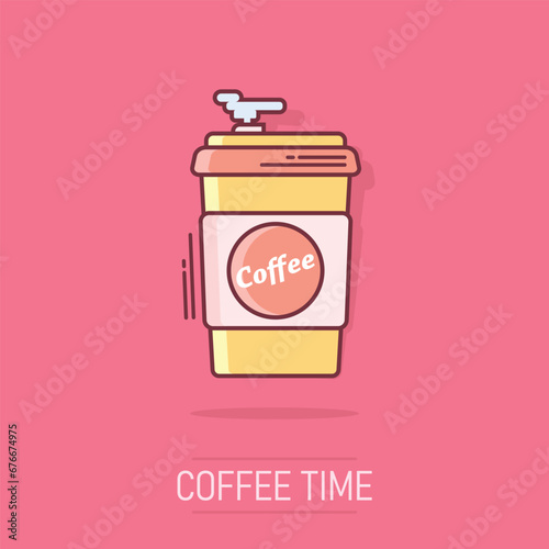 Coffee, tea cup icon in comic style. Coffee mug vector cartoon illustration pictogram. Drink business concept splash effect.