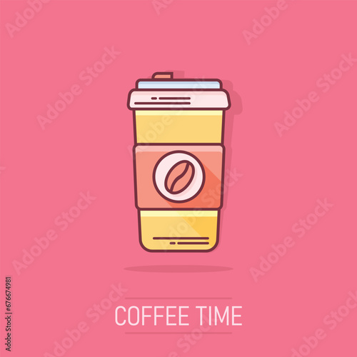 Coffee, tea cup icon in comic style. Coffee mug vector cartoon illustration pictogram. Drink business concept splash effect.