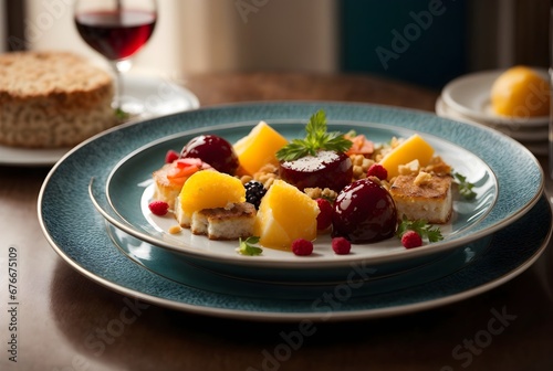 food photography, fresh fruit dessert, cake decorated with fruit and berries served on plate in restaurant