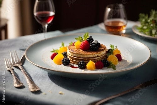 food photography, fresh fruit dessert, cheese cake decorated with fruit and berries served on plate in restaurant