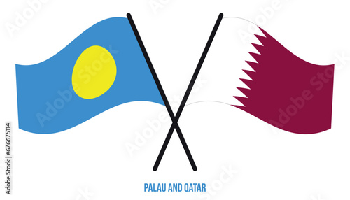 Palau and Qatar Flags Crossed And Waving Flat Style. Official Proportion. Correct Colors.