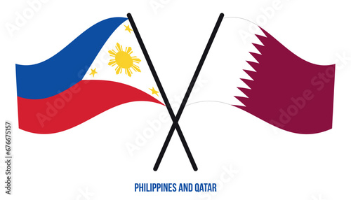 Philippines and Qatar Flags Crossed And Waving Flat Style. Official Proportion. Correct Colors.