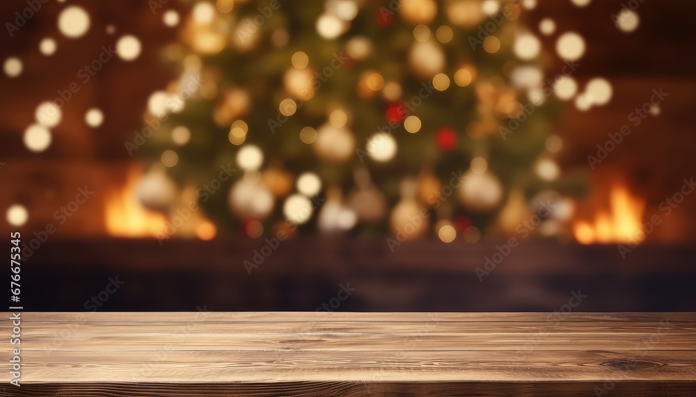 Wood Table with Blurry Christmas Tree and Fireplace Background for Festive Decor,ai generated