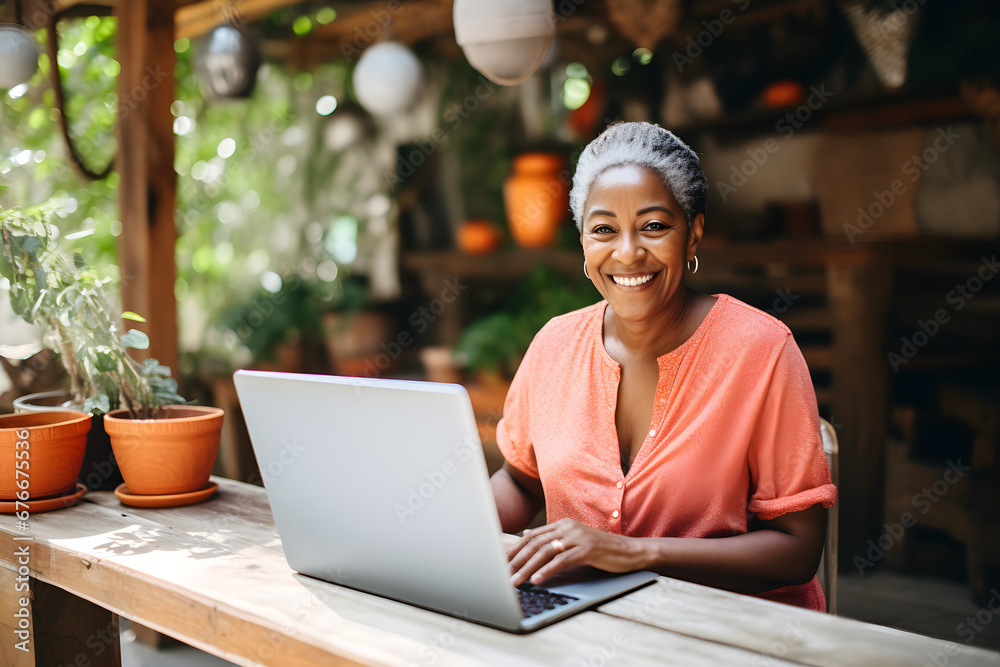 happy senior brown woman working remotely on laptop in seasonal homestay happy senior brown woman working remotely on laptop in seasonal homestay