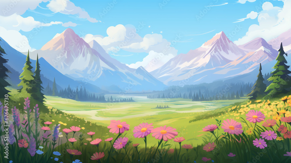 Cute meadow area with mountains and flowers