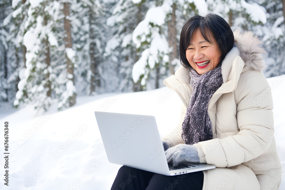happy Asian senior woman working remotely on laptop on winter vacation happy Asian senior woman working remotely on laptop on winter vacation