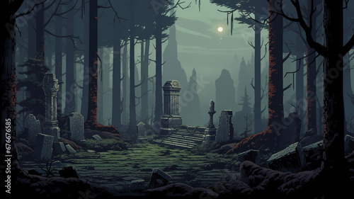 Scary Pixel art game location A haunted forest with graves photo