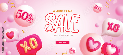 Valentine's day sale vector banner. Valentine's day sale text limited time offer discount price with inflatable balloons decoration elements. Vector illustration hearts day shopping promo design. 
