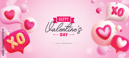 Happy valentine's text vector banner. Valentine's day greeting card with inflatable balloons and heart love sign for romantic celebration background. Vector illustration hearts day invitation card. 
