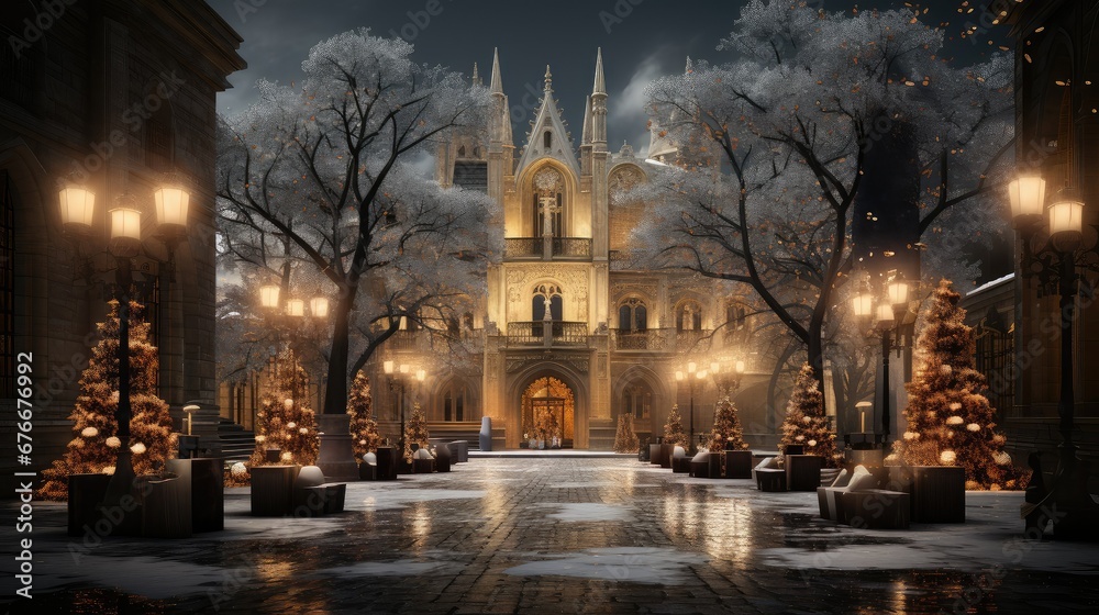 Naklejka premium New Year's Eve, snowy street is decorated with Christmas lights.