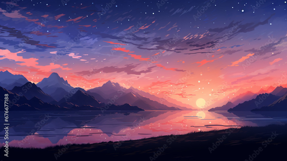 Fantastic Pixel Art Star Sky at Dawn Time