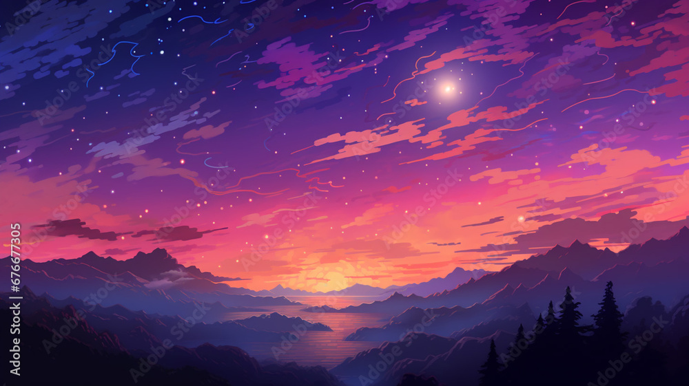 Perfect Pixel Art Star Sky at Sunset Time