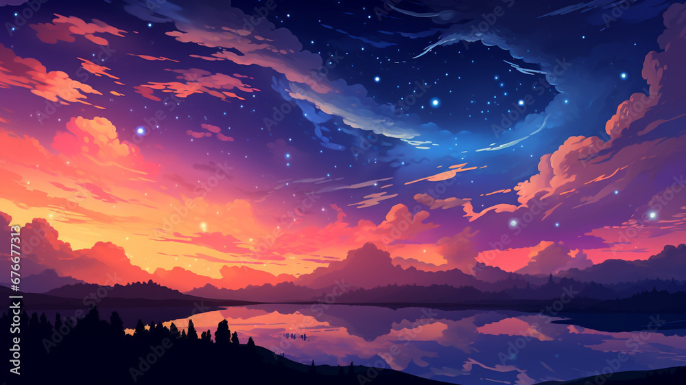 Wonderful Pixel Art Star Sky at Sunset Time