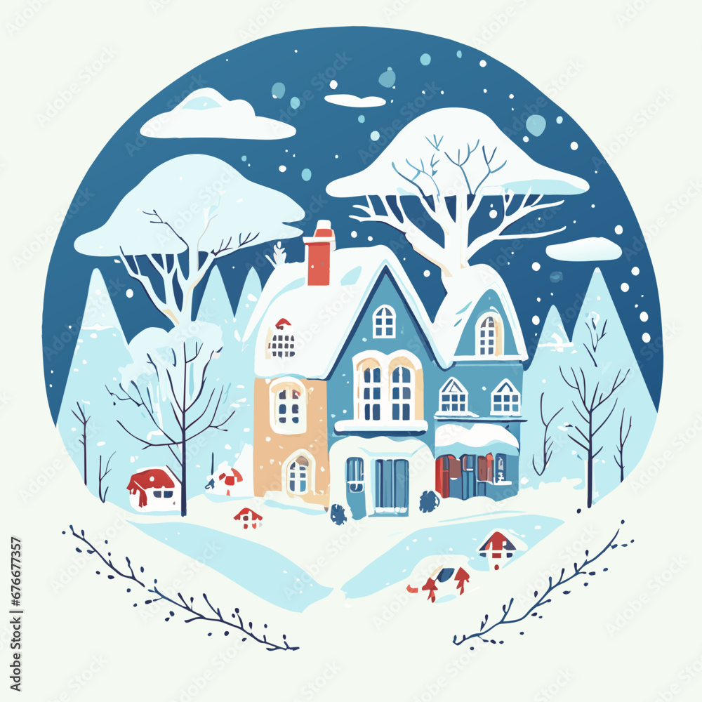 Naklejka premium Illustration of a snow on the roof and trees, under a night sky with falling snowflakes.